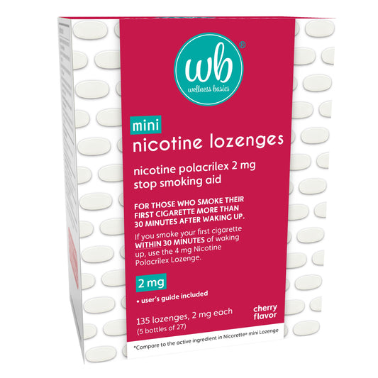 Wellness Basics mini nicotine lozenge cherry packaging for on-the-go quit support
