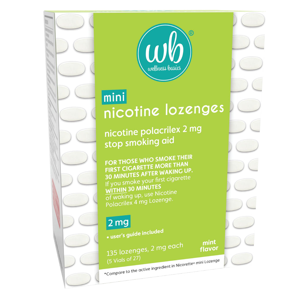 Wellness Basics mini nicotine lozenge 2mg mint in five-vial pack for on-the-go support