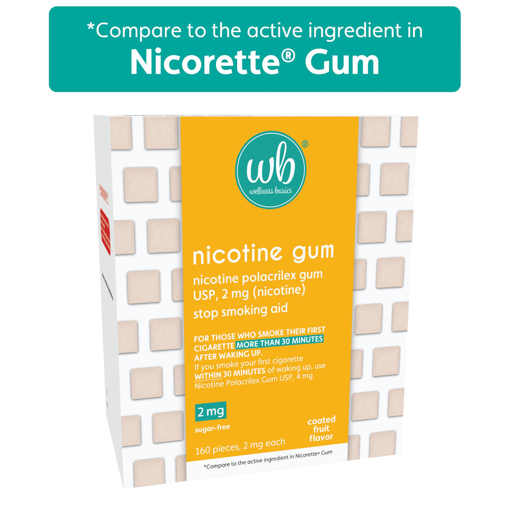 Wellness Basics nicotine gum 2mg 160-count box side highlighting volume