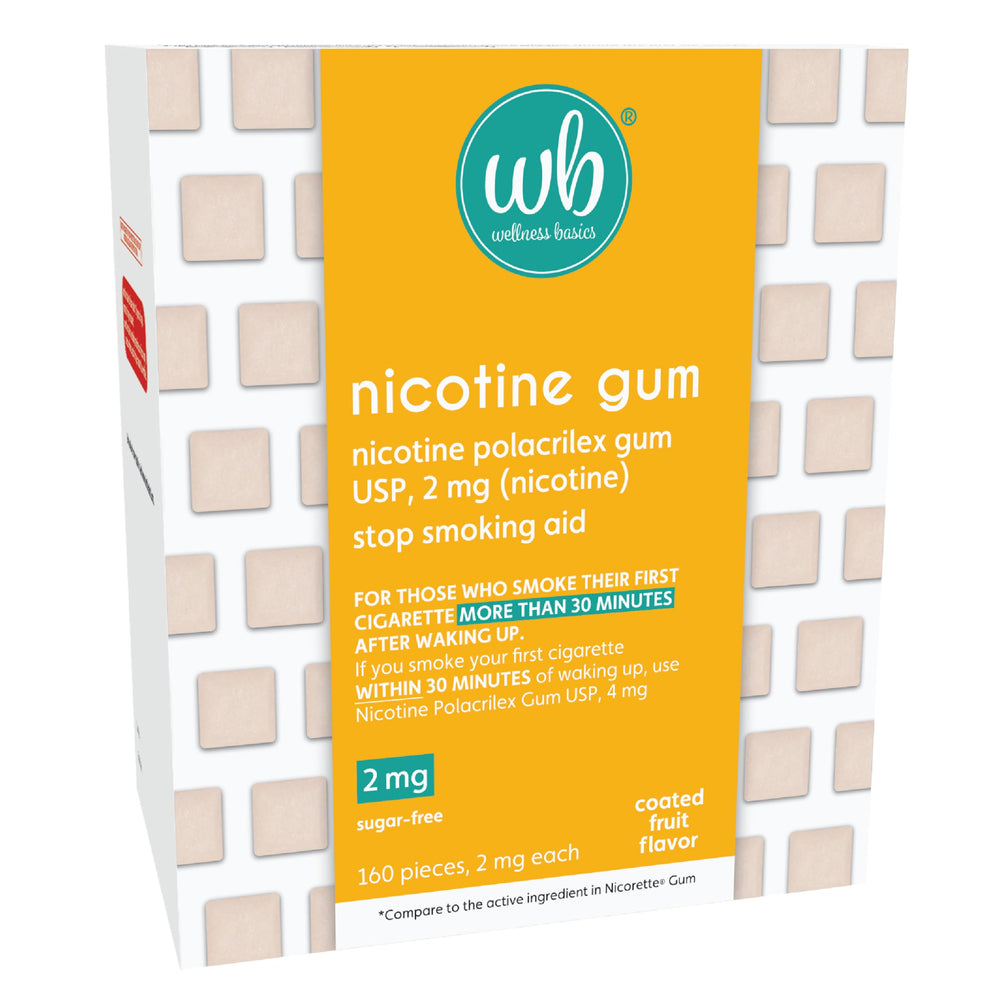 Wellness Basics nicotine gum 2mg box front for quitting support