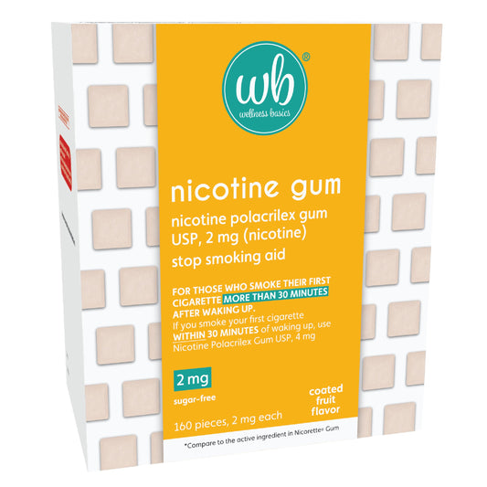 Wellness Basics nicotine gum 2mg box front for quitting support
