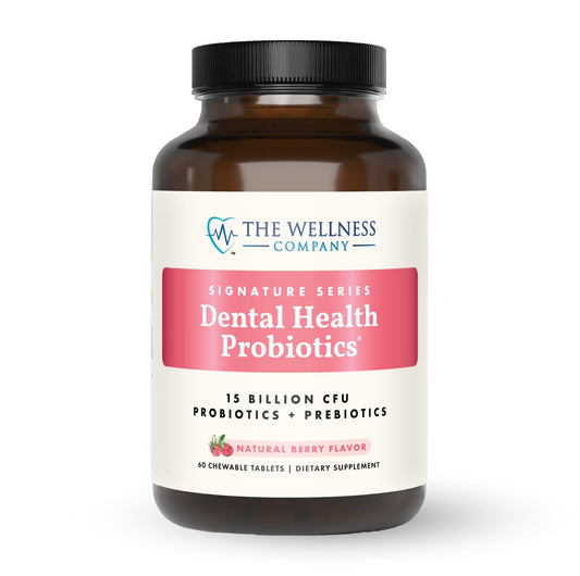 The Wellness Company Dental Health Probiotic bottle with 60 chewables for daily oral microbiome support.
