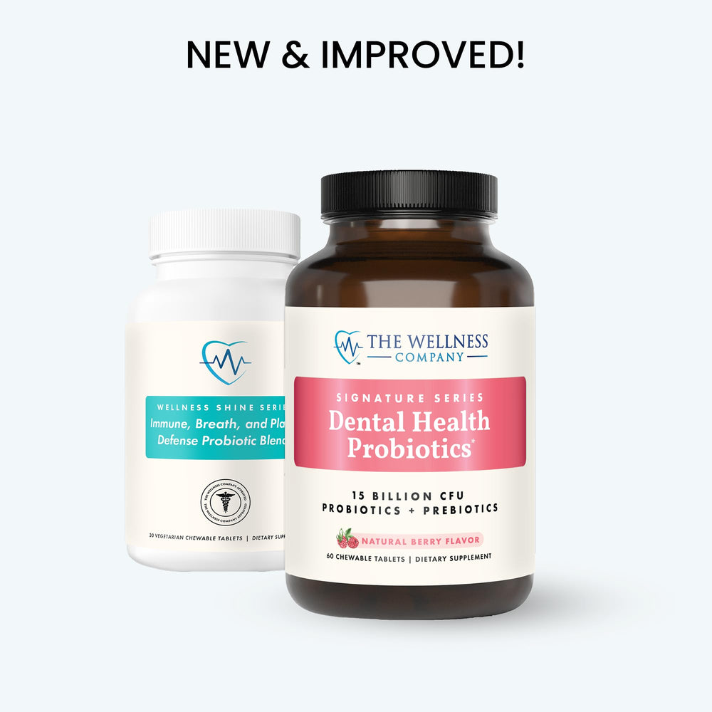 The Wellness Company daily-use probiotic promotes a simple routine for ongoing oral wellness.