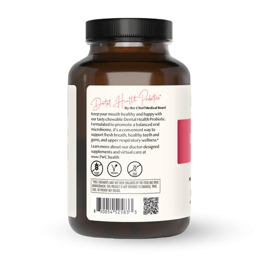 The Wellness Company dental probiotic tablets close-up highlighting 60-count chewables for convenient daily use.