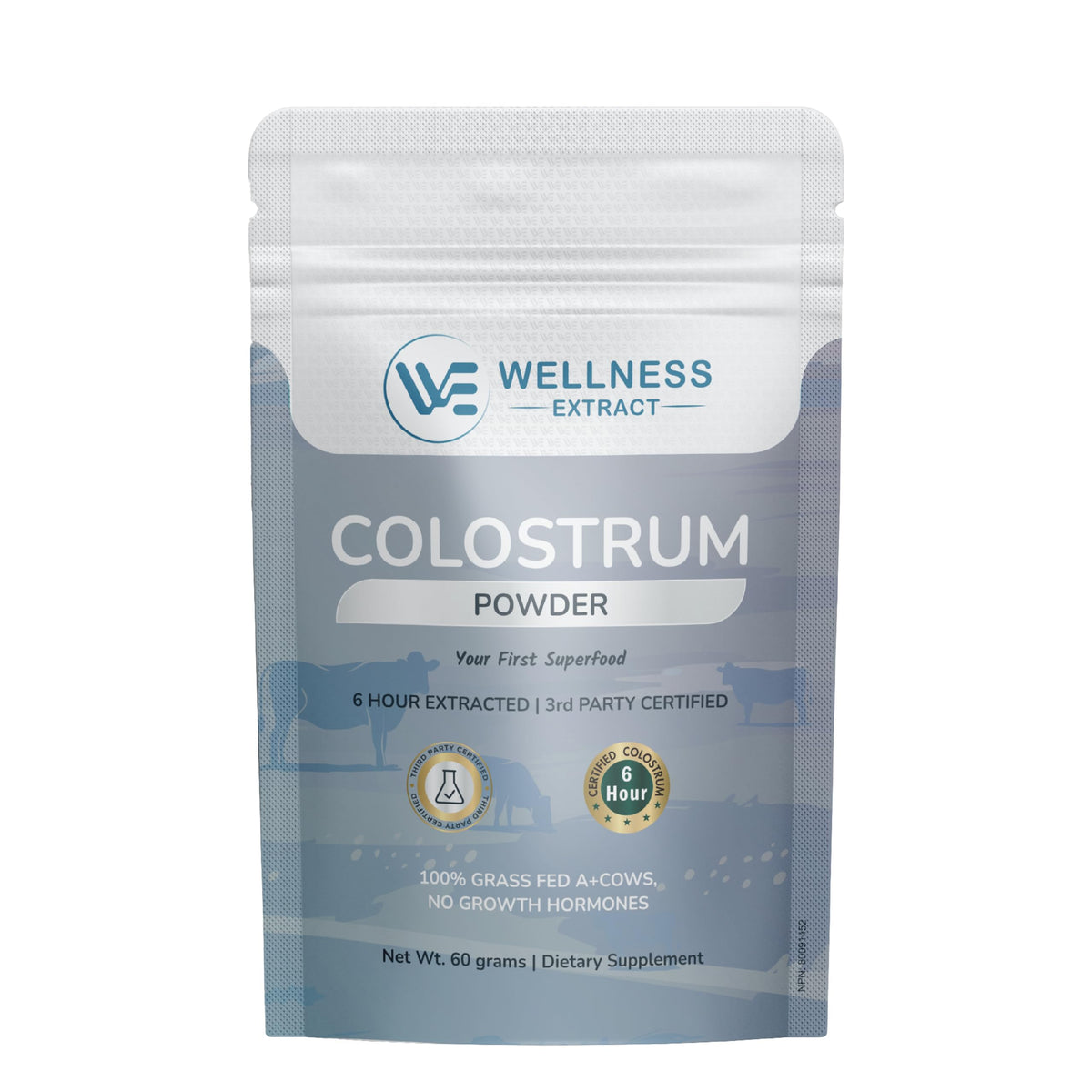 Wellplus Wellness Extract bovine colostrum bottle showing grass-fed nutrition for daily immune and gut support.
