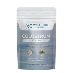 Wellplus Wellness Extract bovine colostrum bottle showing grass-fed nutrition for daily immune and gut support.