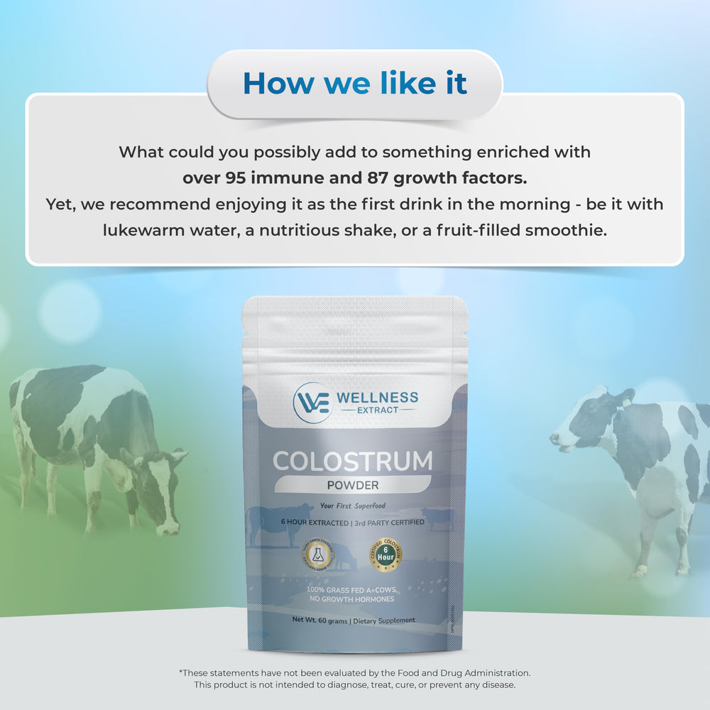 Wellness Extract bovine colostrum powder closeup showing fine texture and purity.