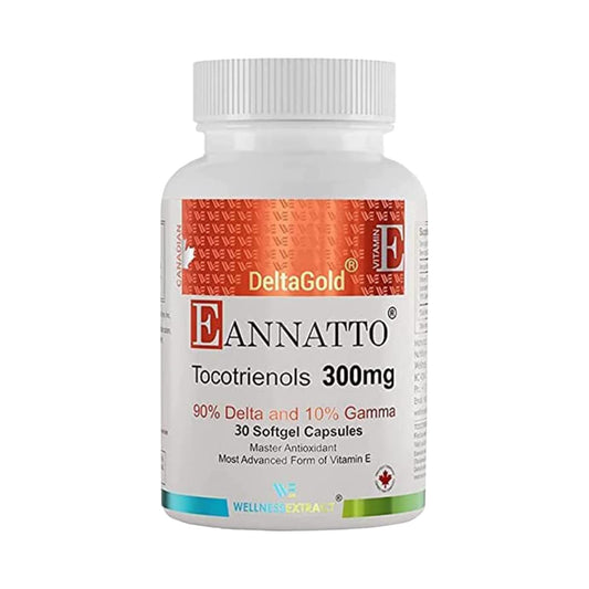 Wellness Extract Eannatto Tocotrienols bottle on a shelf indicating convenient daily antioxidant support