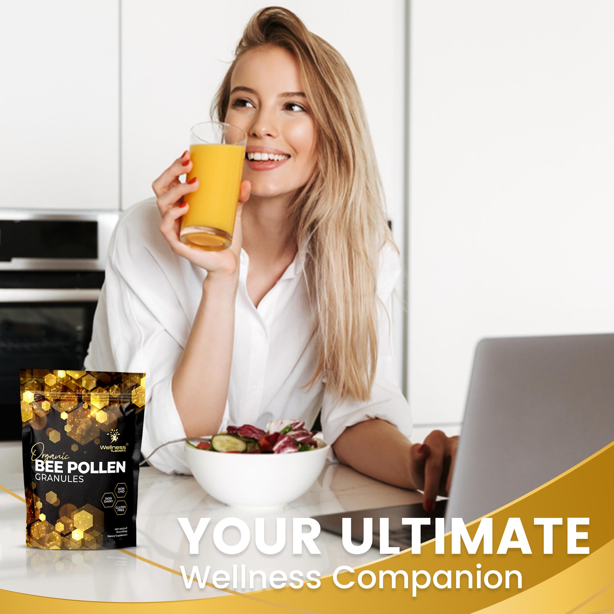 WellnessLabsRx Bee Pollen Granules in glass jar on kitchen shelf