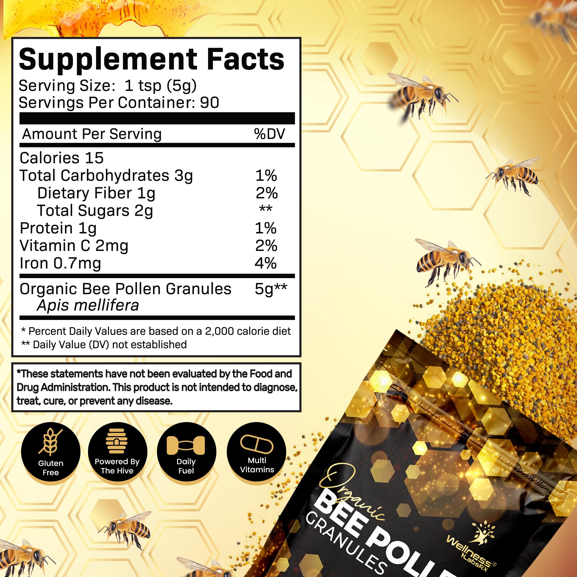 WellnessLabsRx Bee Pollen Granules label highlights organic and gluten-free quality