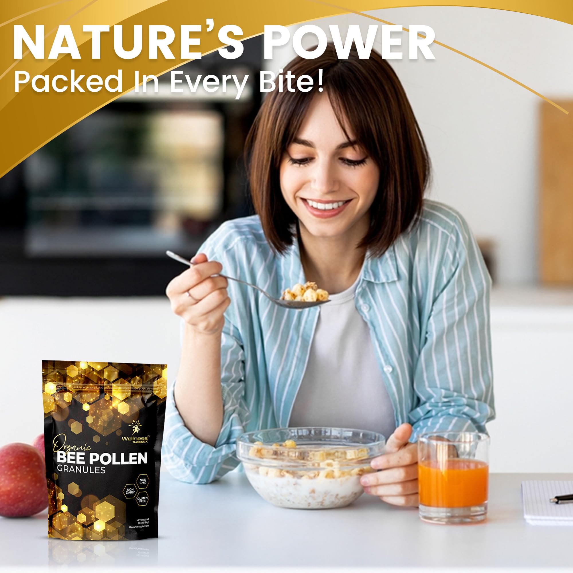 WellnessLabsRx Bee Pollen Granules on kitchen counter ready to scoop