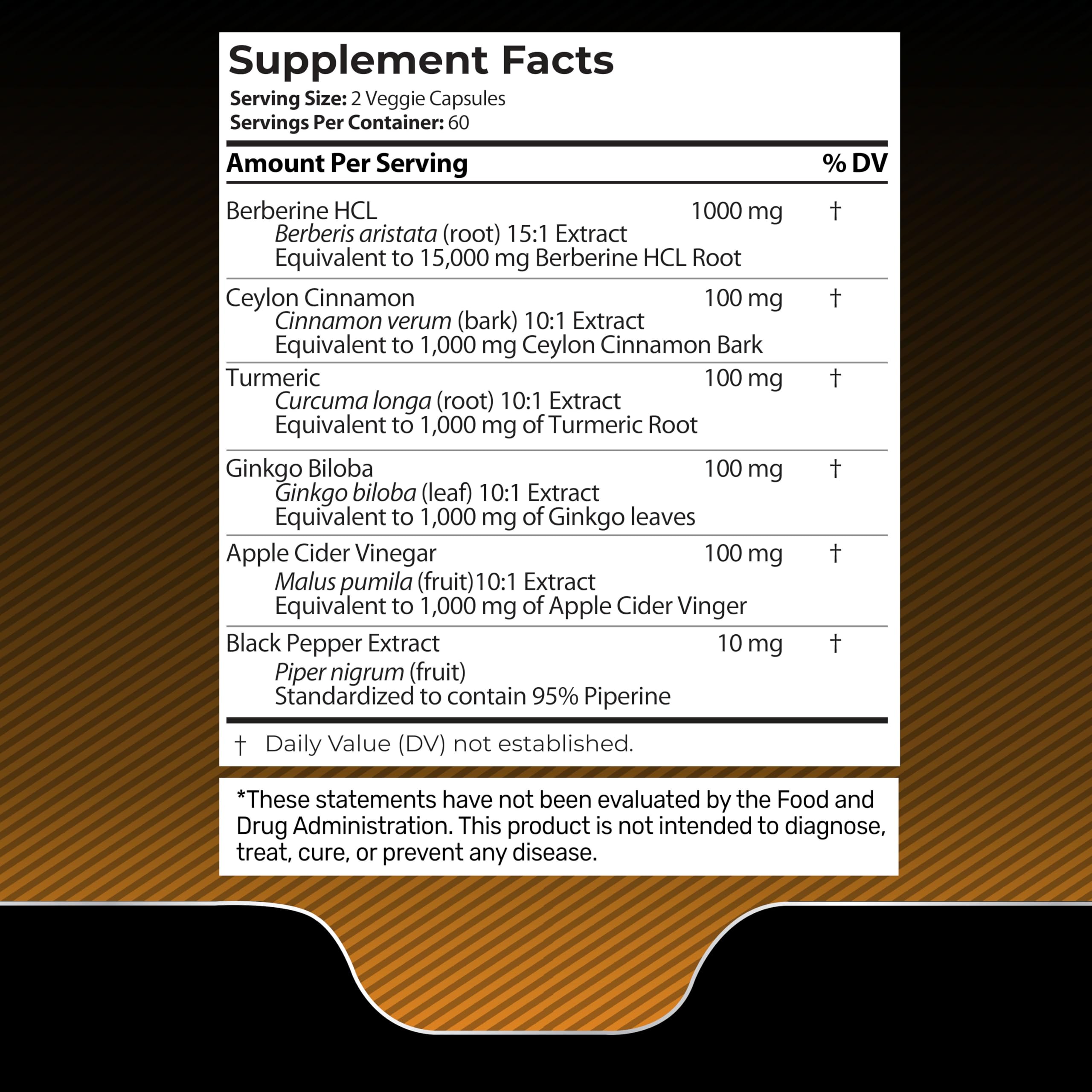 Berberine with cinnamon and turmeric close-up on label for natural synergy