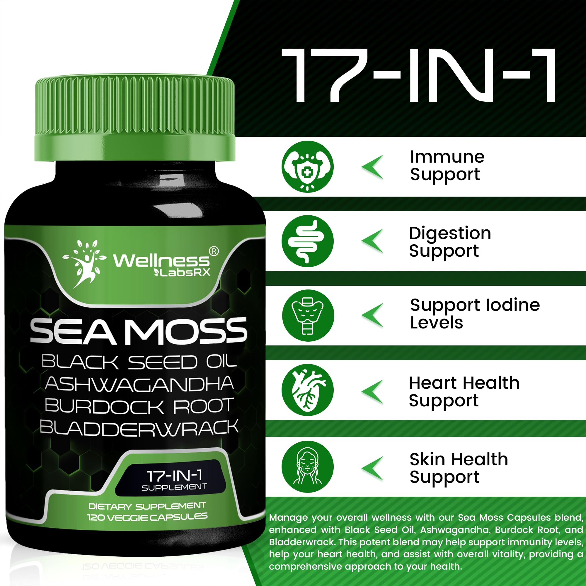 WELLNESS LABSRX bladderwrack seamoss capsules showing sea vegetable blend.