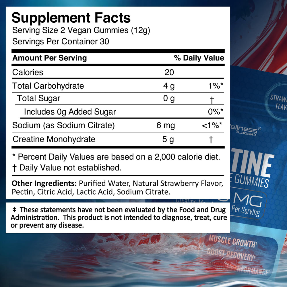 WELLNESS LABSRX Creatine Gummies 30-serving pack showcases convenient daily usage.