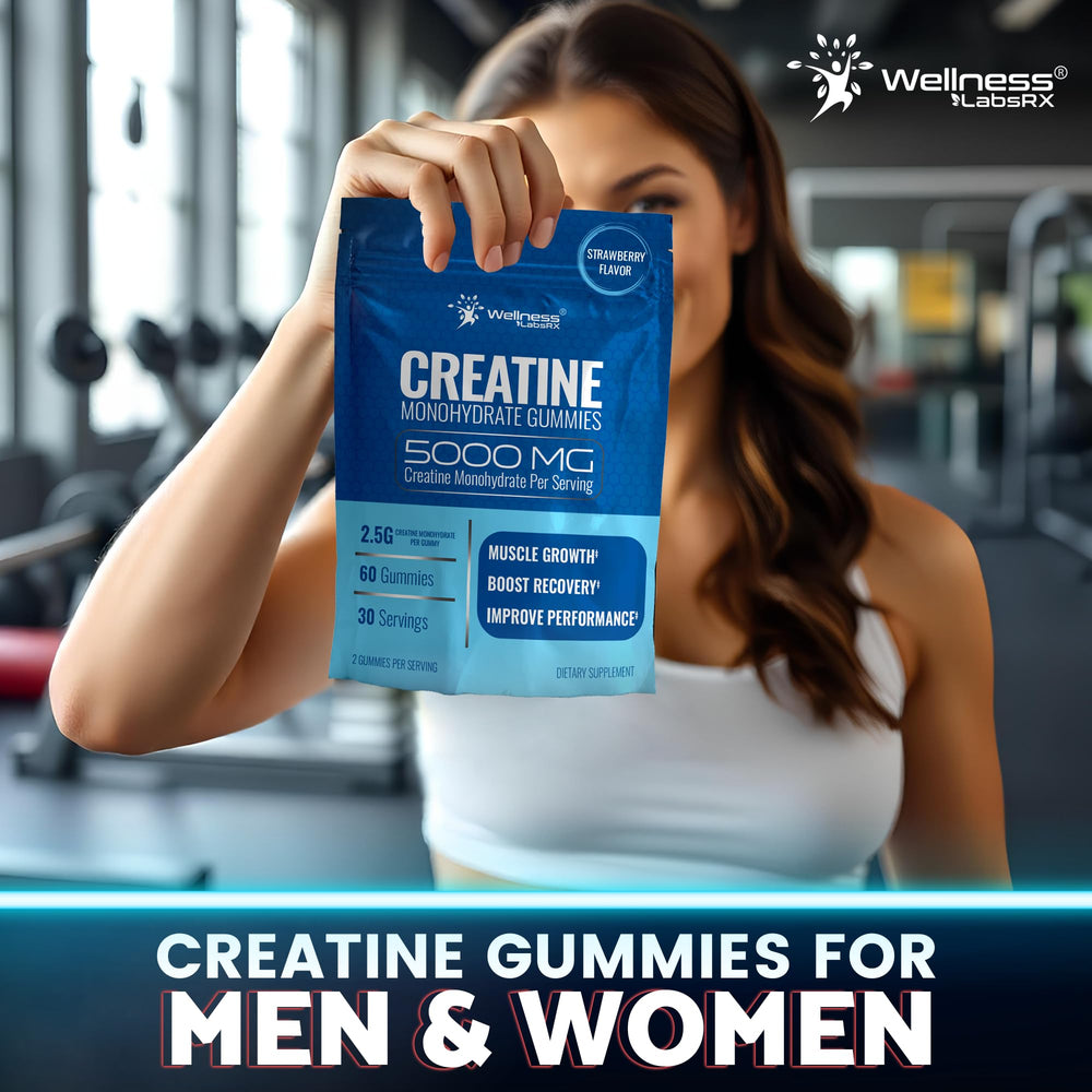 WELLNESS LABSRX Creatine Gummies flavor-text label highlights strawberry taste.