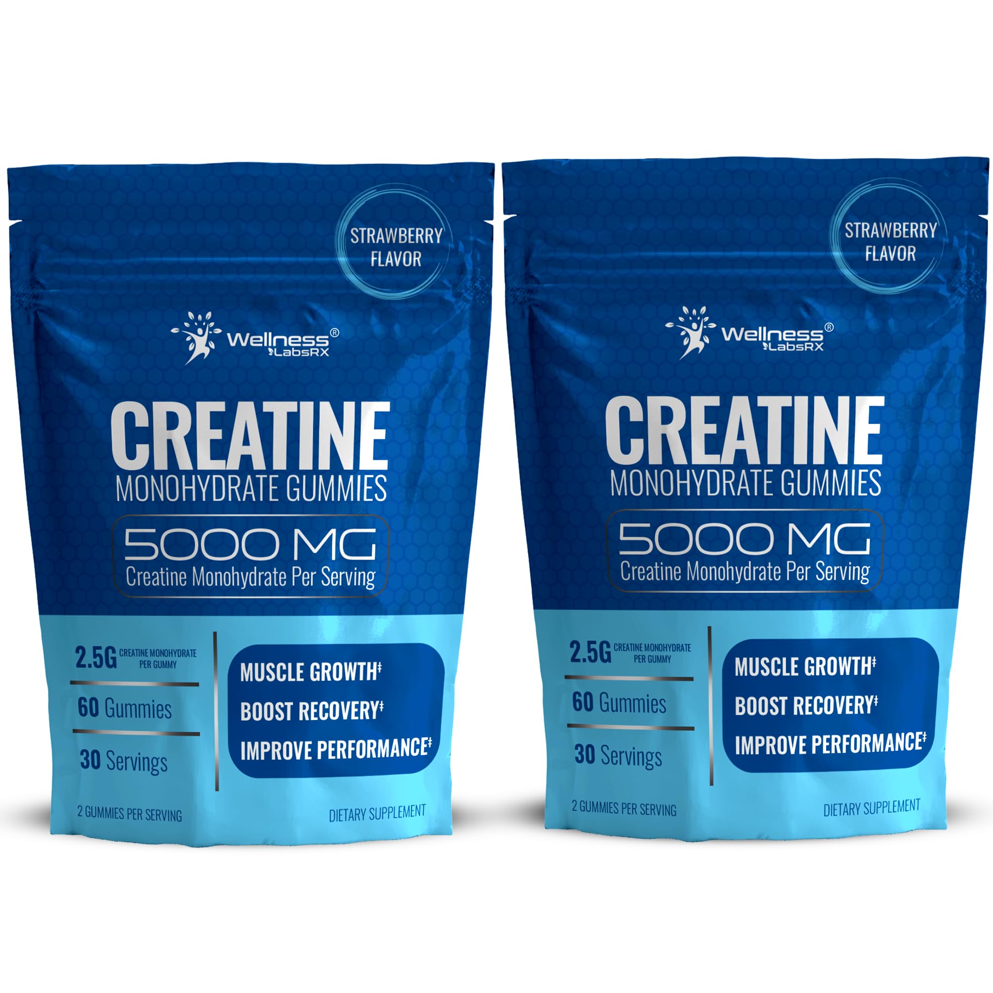 WELLNESS LABSRX Creatine Gummies strawberry bottle supports post-workout energy.