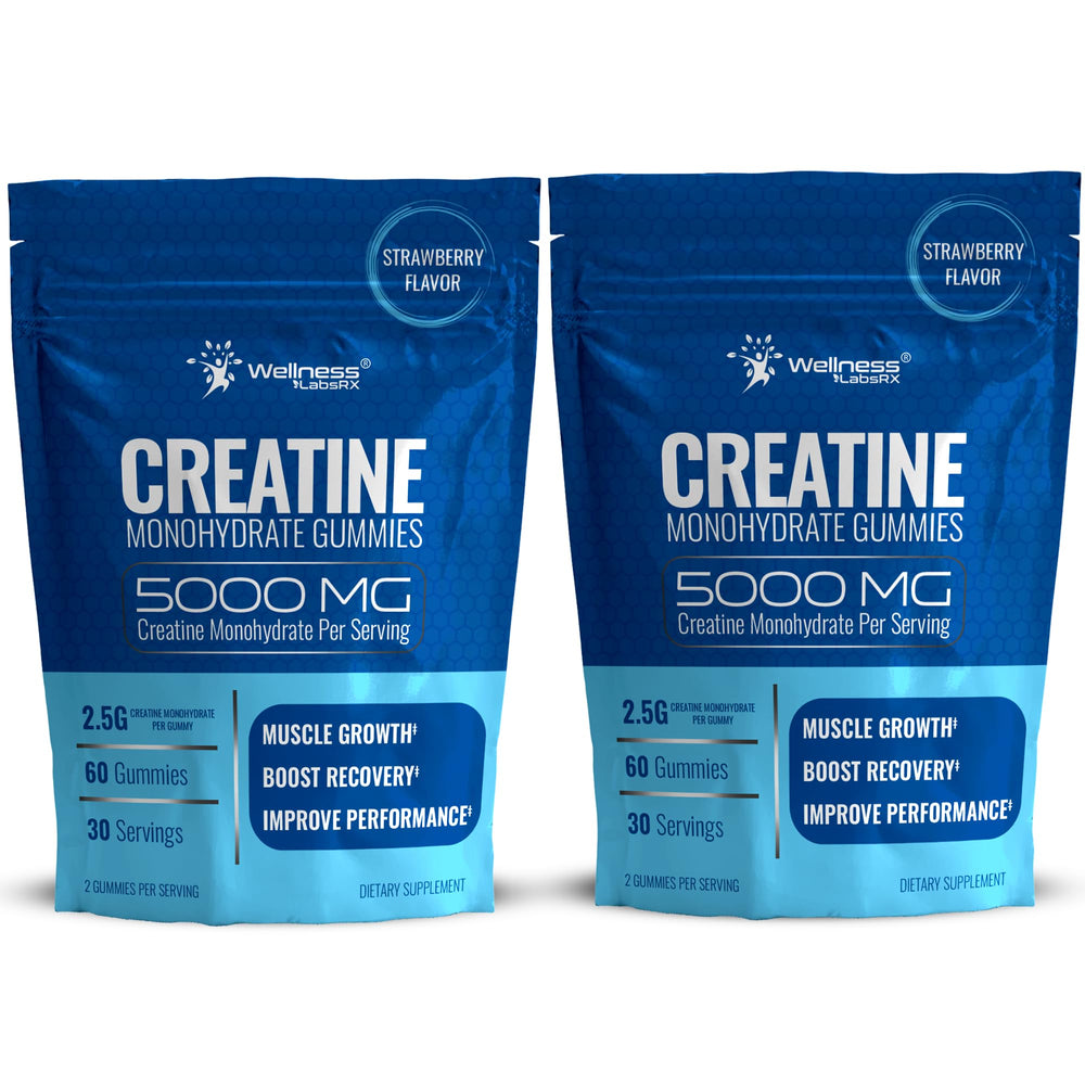 WELLNESS LABSRX Creatine Gummies strawberry bottle supports post-workout energy.