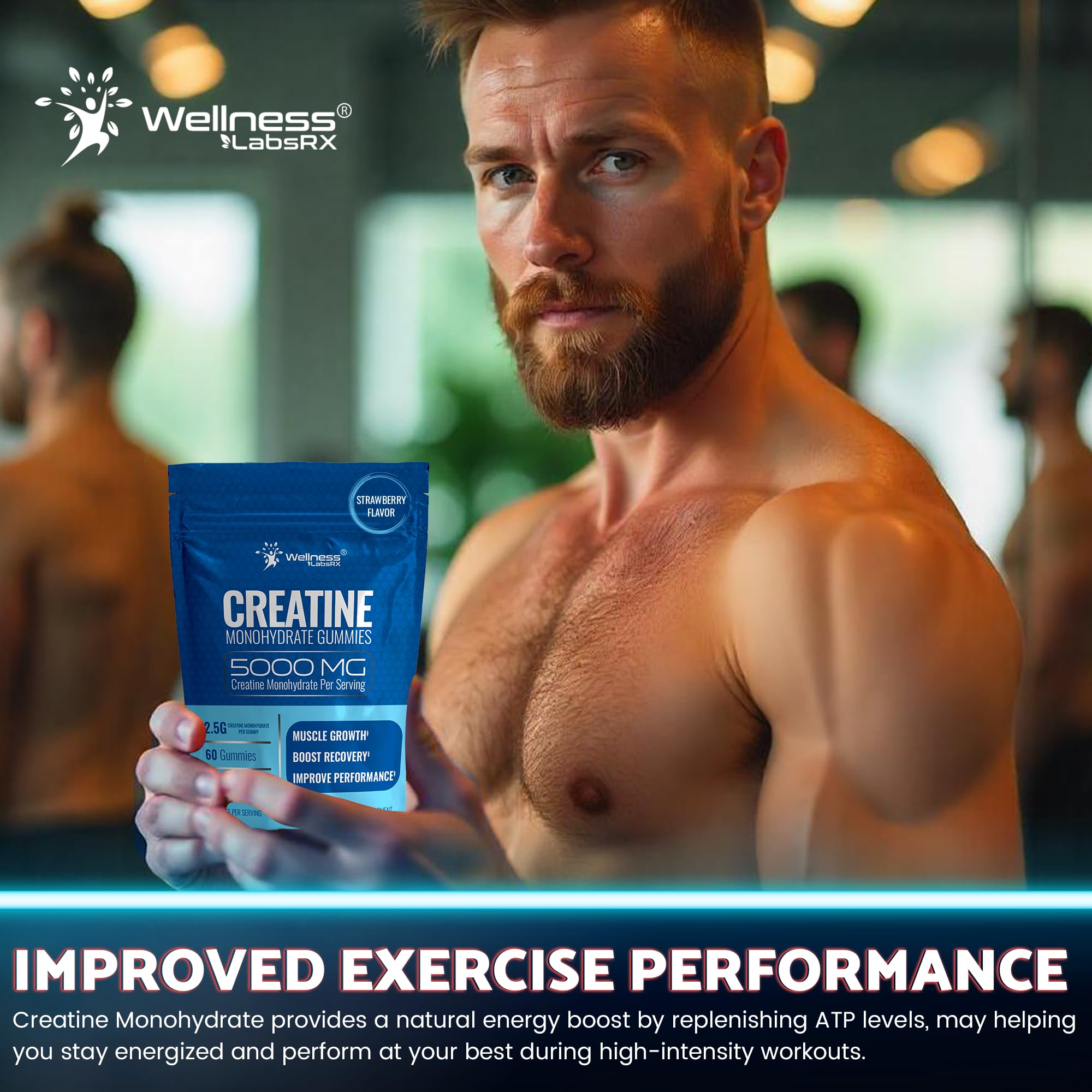 WELLNESS LABSRX Creatine Gummies sealed pouch showcased for travel-friendly supplementation.