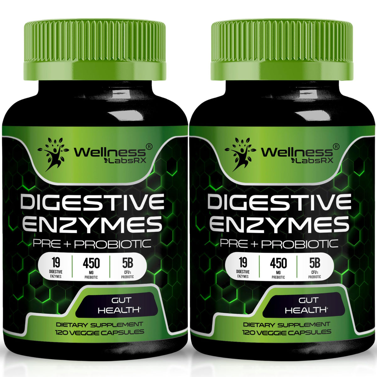 Wellness LabsRx digestive enzymes bottle promotes smoother digestion after meals.