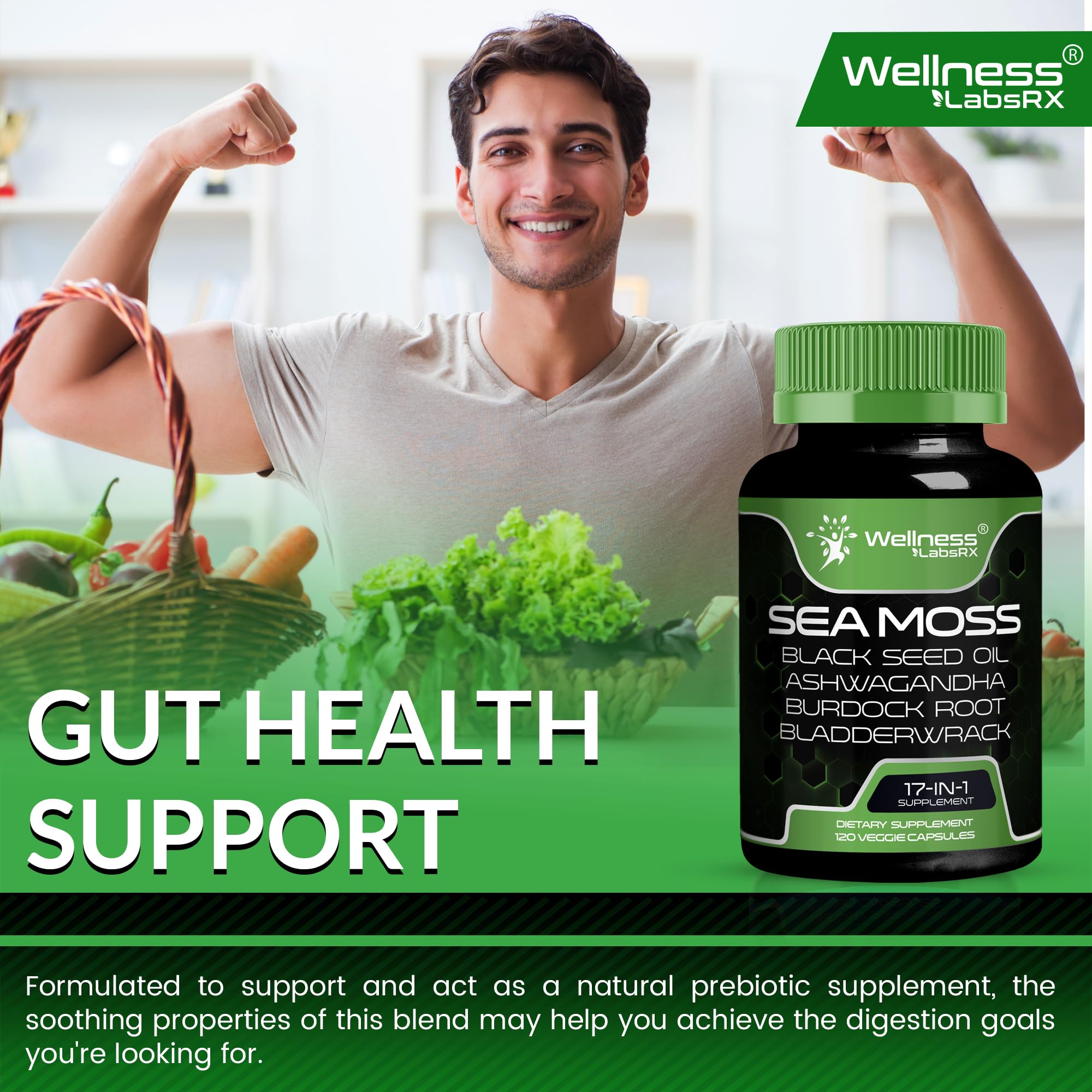 WELLNESS LABSRX digestive health sea moss with burdock root in clear bottle.