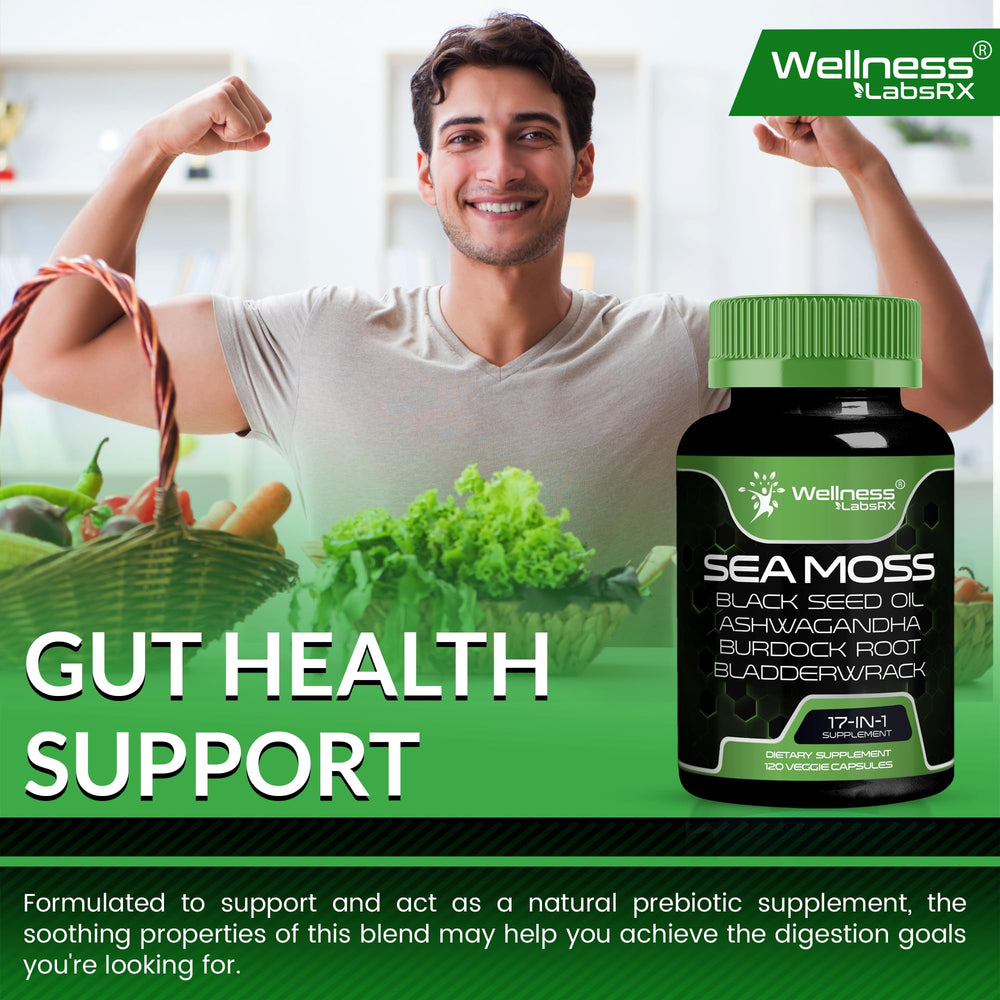 WELLNESS LABSRX digestive health sea moss with burdock root in clear bottle.