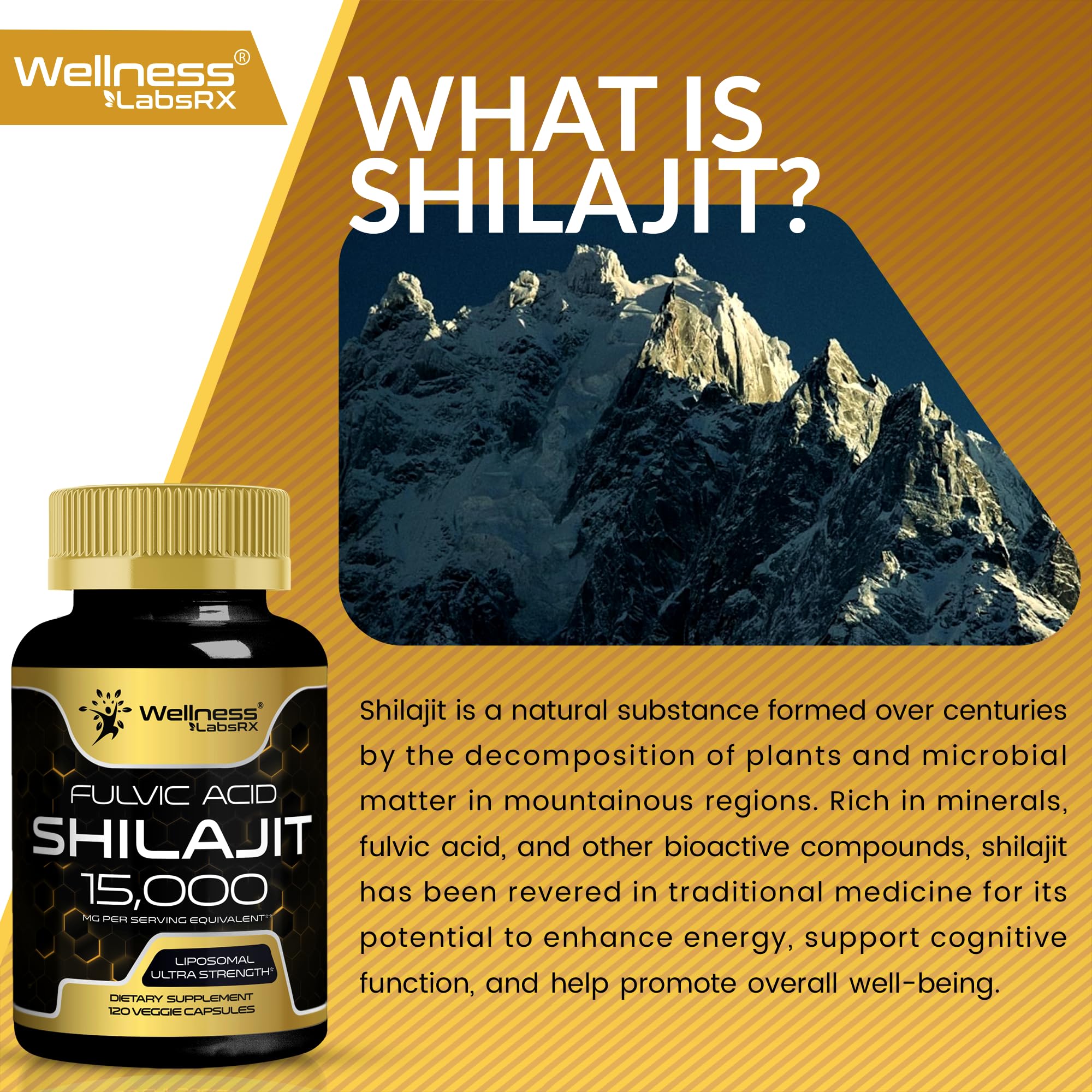 WELLNESS LABSRX Himalayan Shilajit mineral profile graphic showing 85+ trace minerals.