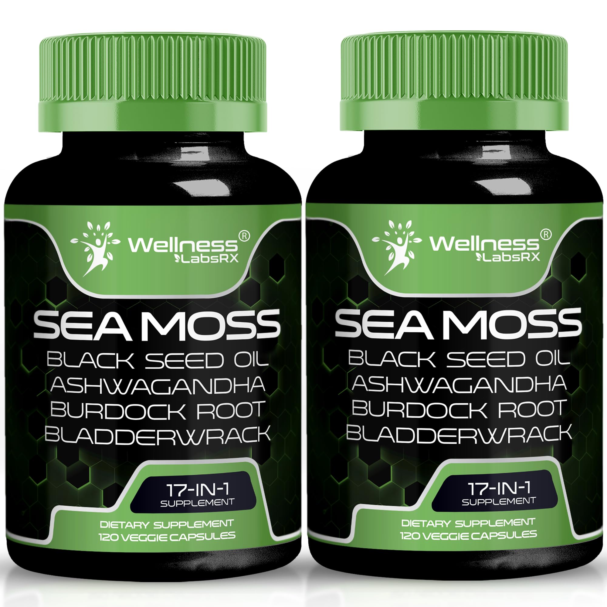 WELLNESS LABSRX Irish Sea Moss capsules bottle with 17-in-1 blend for daily wellness.