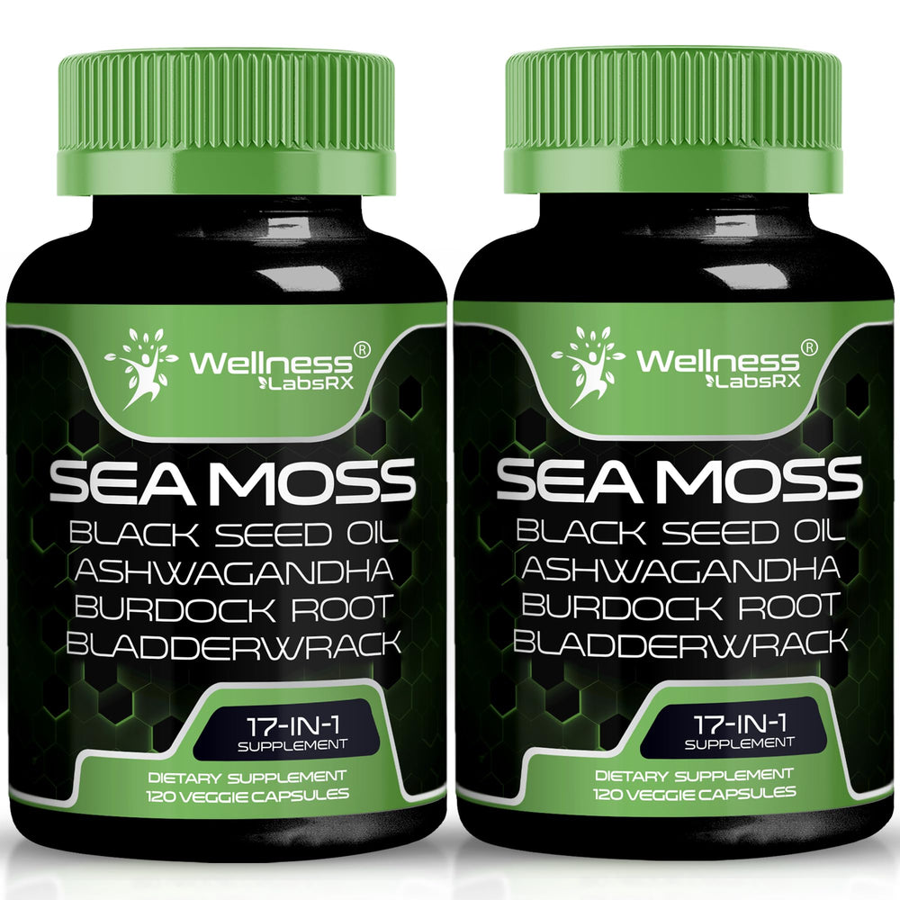 WELLNESS LABSRX Irish Sea Moss capsules bottle with 17-in-1 blend for daily wellness.