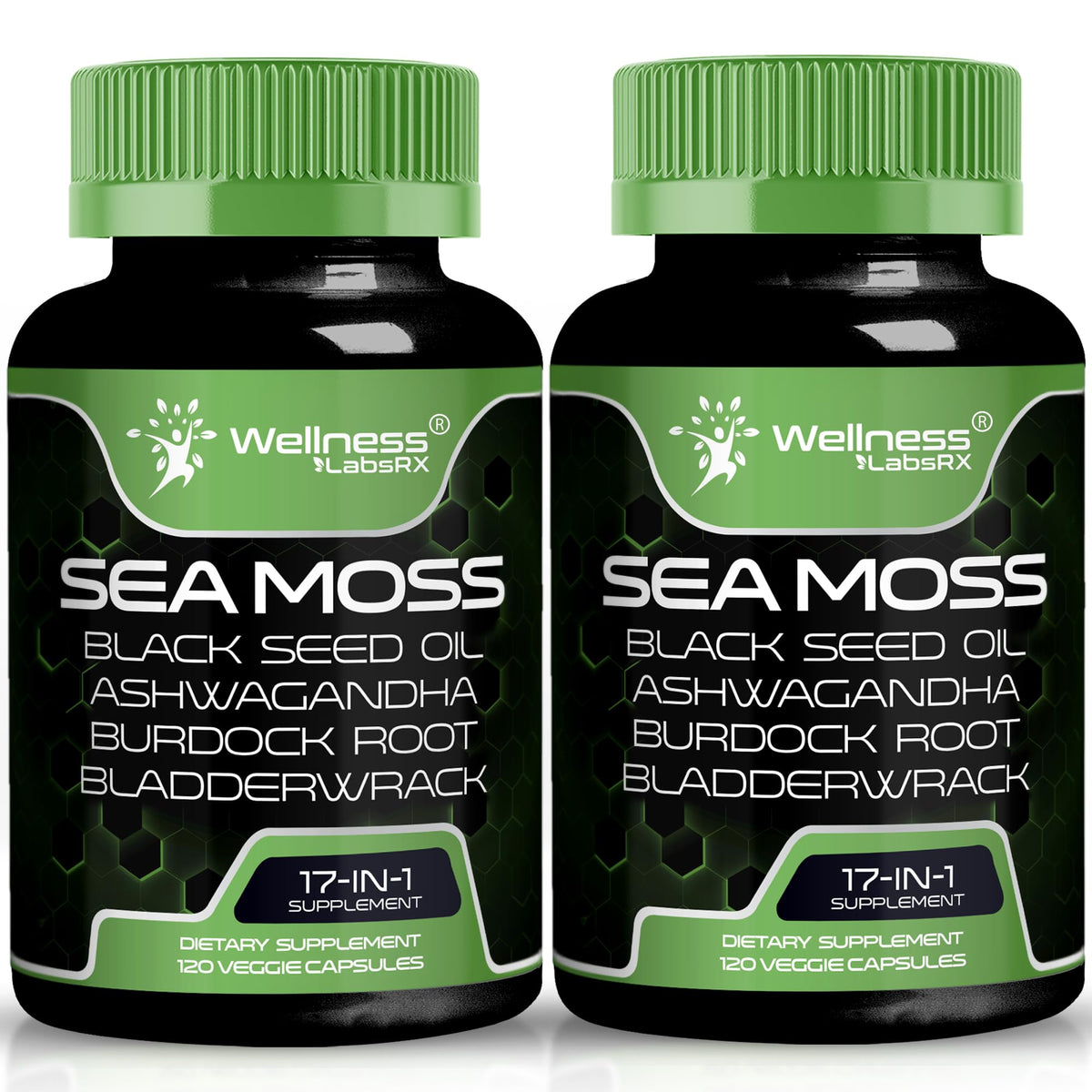 WELLNESS LABSRX Irish Sea Moss capsules bottle with 17-in-1 blend for daily wellness.
