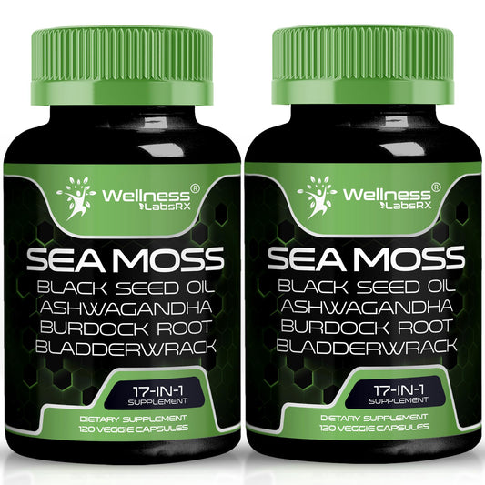 WELLNESS LABSRX Irish Sea Moss capsules bottle with 17-in-1 blend for daily wellness.