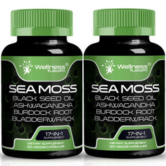 WELLNESS LABSRX Irish Sea Moss capsules bottle with 17-in-1 blend for daily wellness.