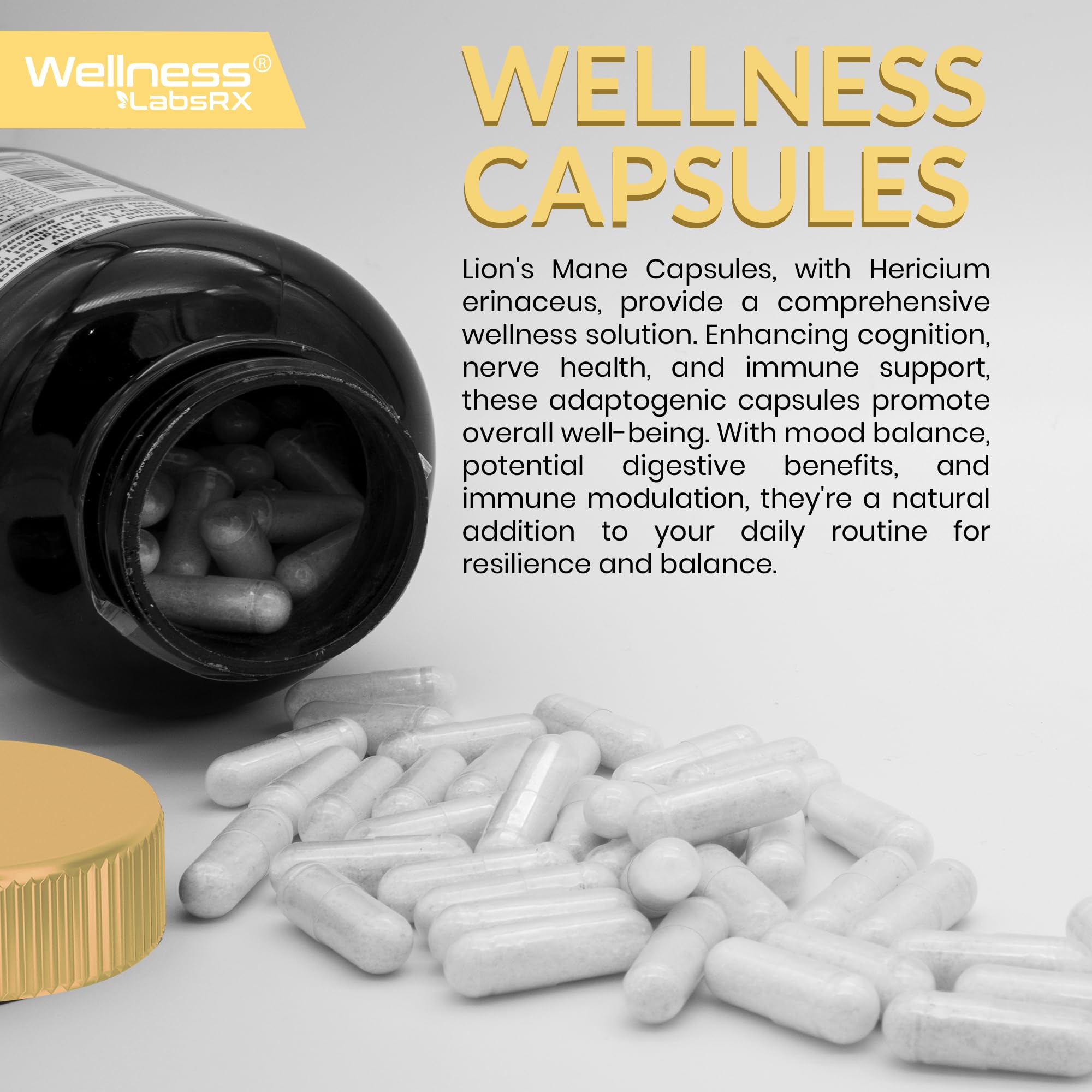 Capsules in a glass container emphasize easy daily supplementation.