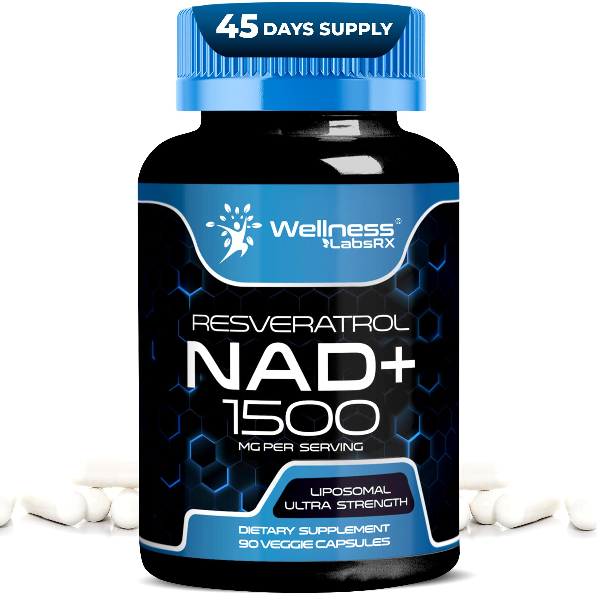 WELLNESS LABSRX Liposomal NAD+ bottle front showing a 1500mg daily dose for cellular support