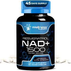 WELLNESS LABSRX Liposomal NAD+ bottle front showing a 1500mg daily dose for cellular support