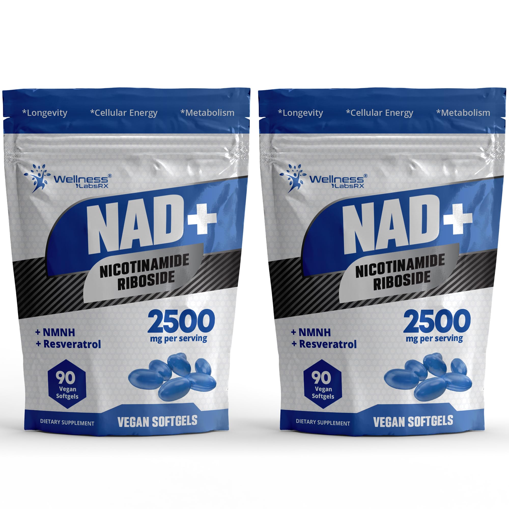 WELLNESS LABSRX liposomal NAD+ softgels bottle showing potent 2500mg formula for cellular support.