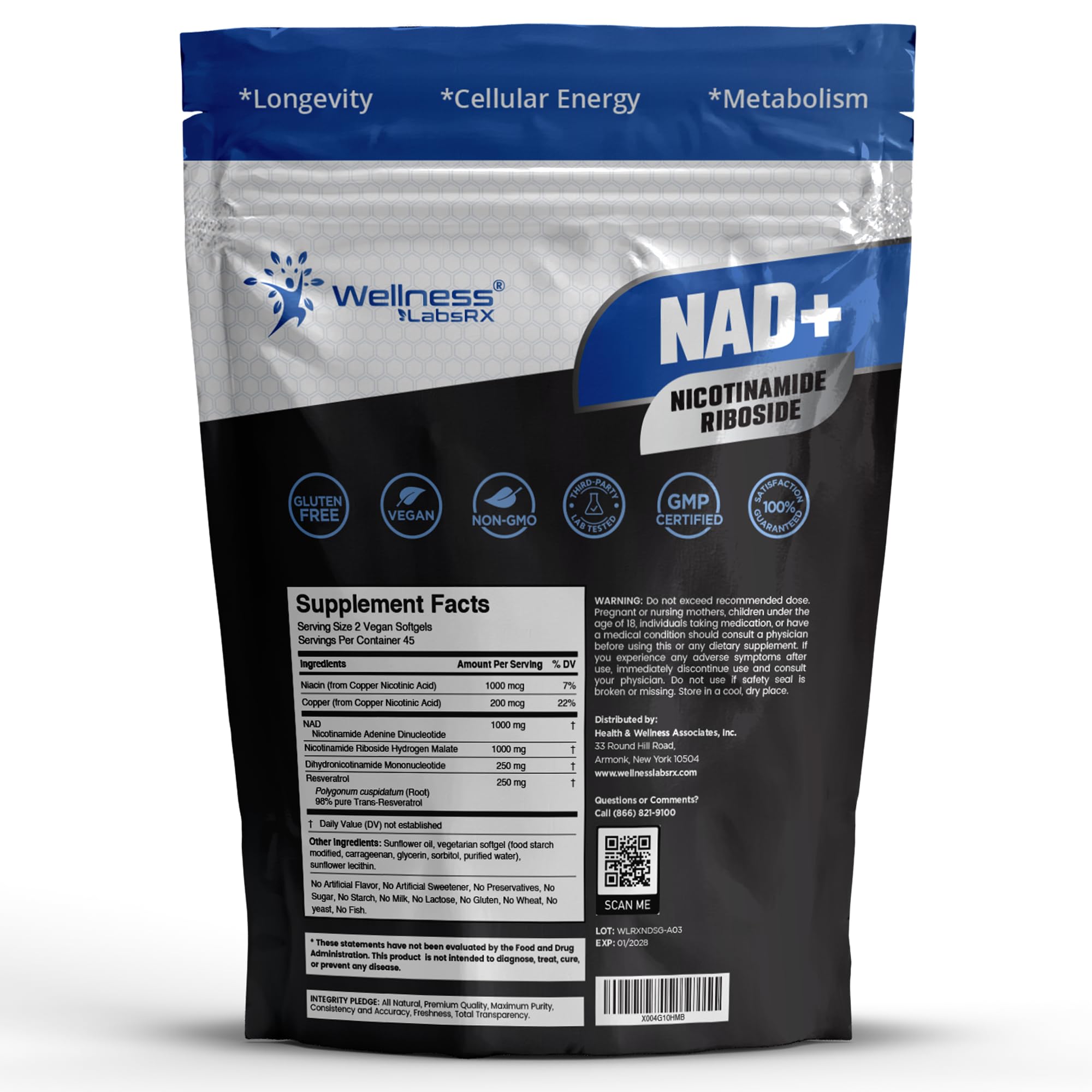 WELLNESS LABSRX NAD+ softgels pack highlighting 90 capsules for a 45-day supply.
