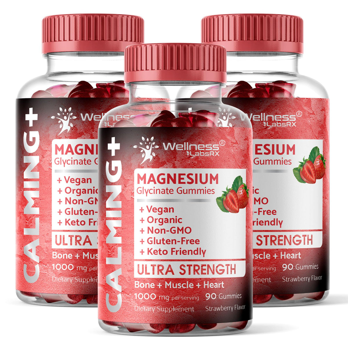 WELLNESS LABSRX Magnesium Glycinate Gummies bottle front, strawberry chew for relaxation potential