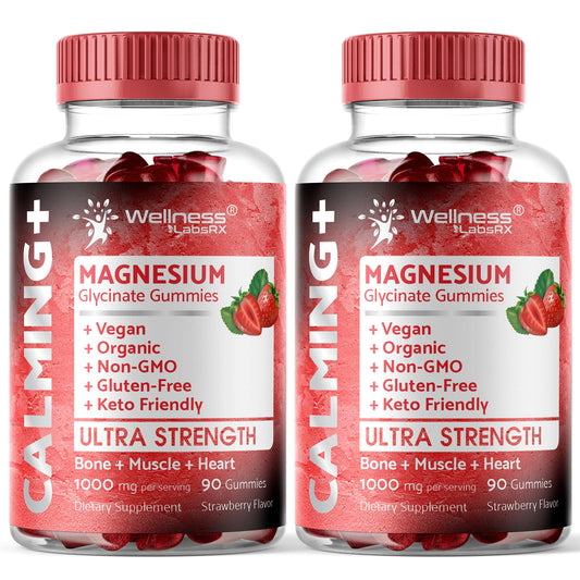 Wellness LabsRx Magnesium Glycinate Gummies bottle front shows strawberry flavor for daily relaxation