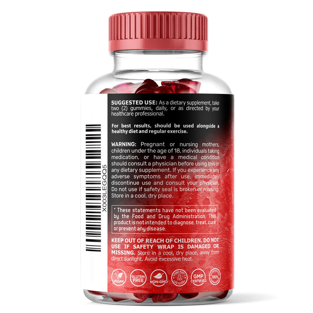 Closeup of WELLNESS LABSRX gummies, soft strawberry texture for daily use