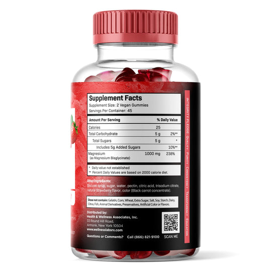 Wellness LabsRx Magnesium Glycinate Gummies closeup highlights strawberry taste and soft chewiness for easy daily use