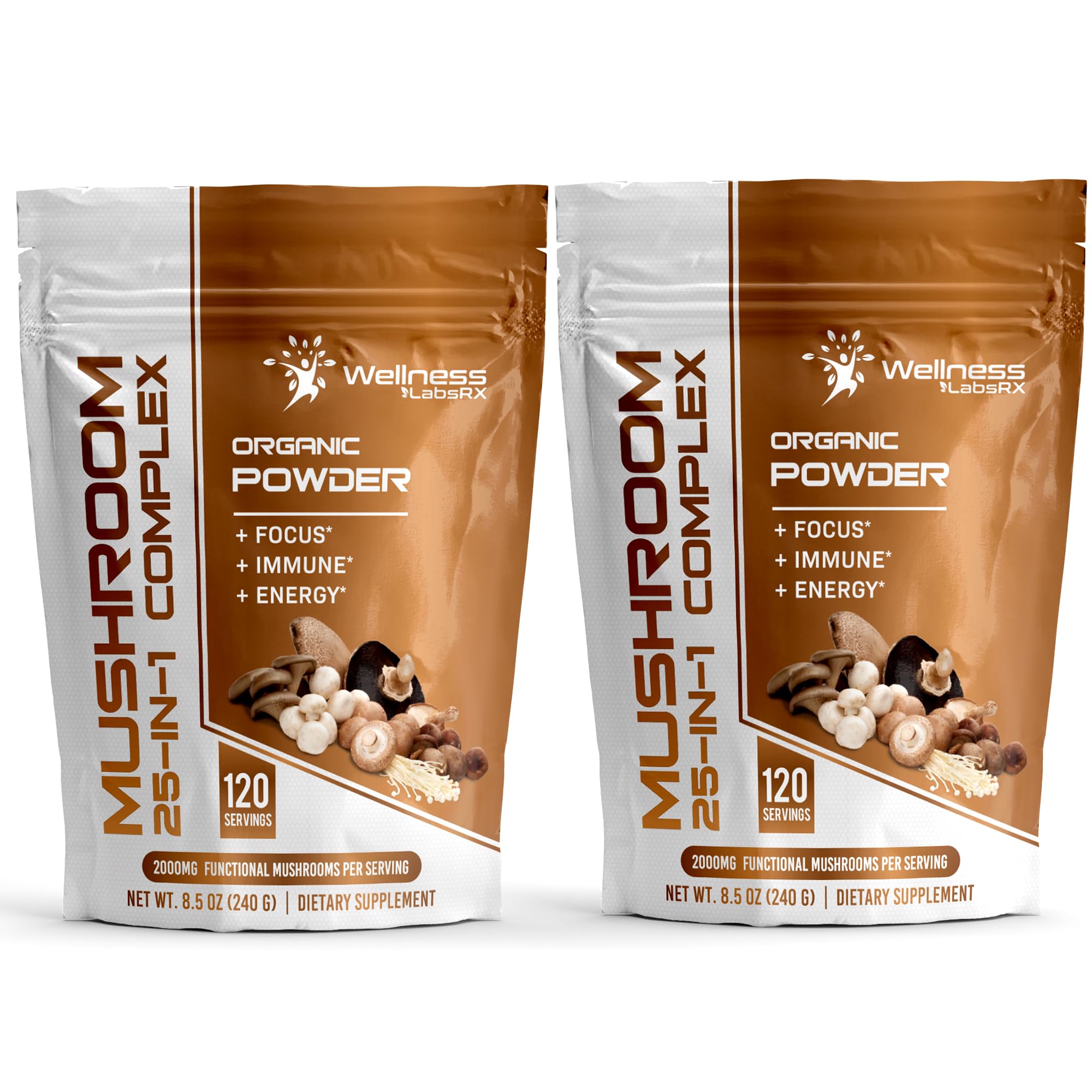 Wellness LabsRx mushroom powder bottle showing 25-in-1 blend for daily wellness support
