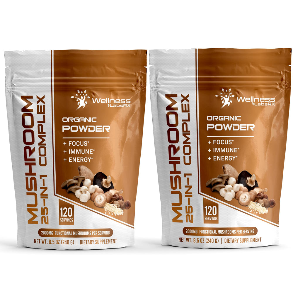 Wellness LabsRx mushroom powder bottle showing 25-in-1 blend for daily wellness support