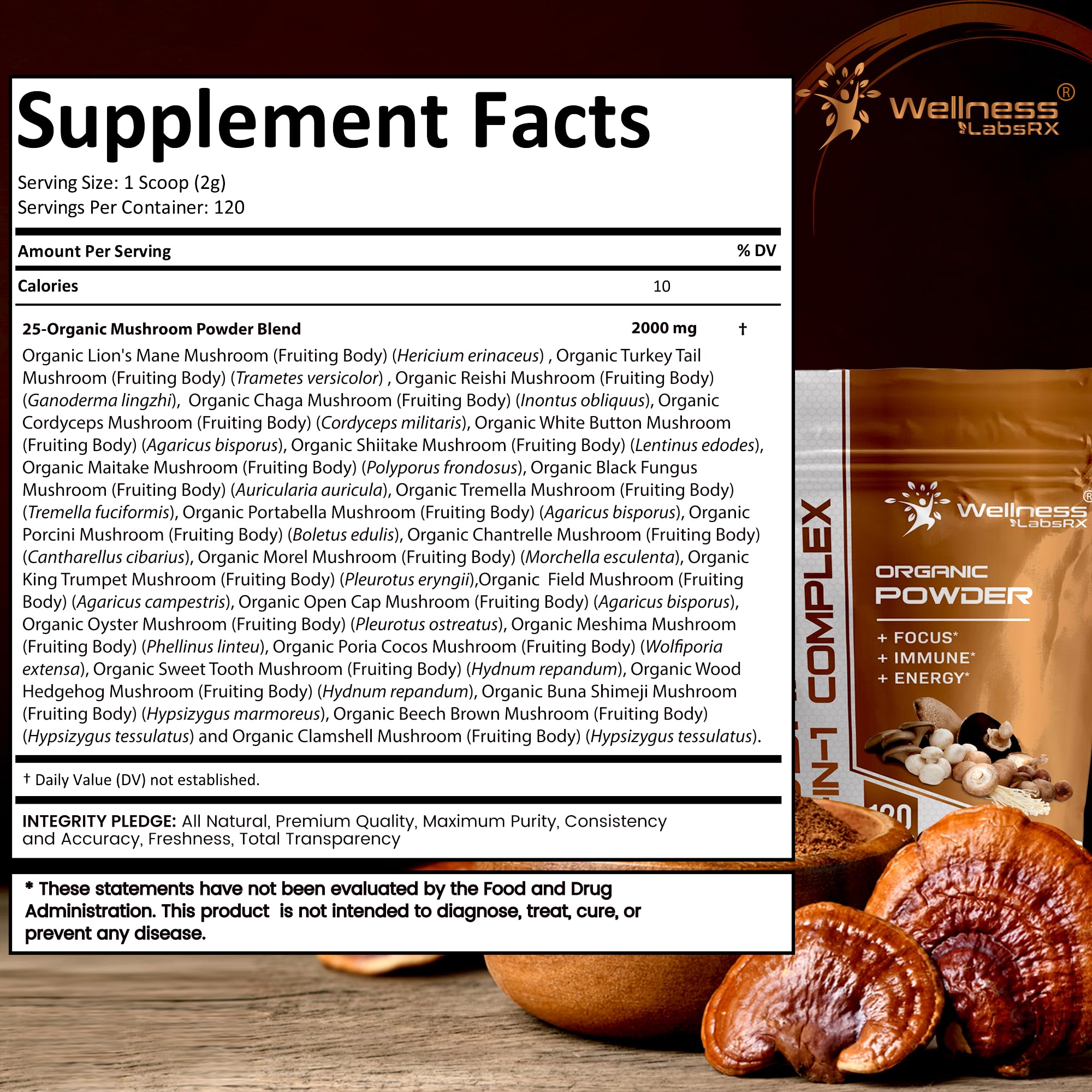 Wellness LabsRx mushroom powder bottle close-up highlights earthy aroma and rich texture