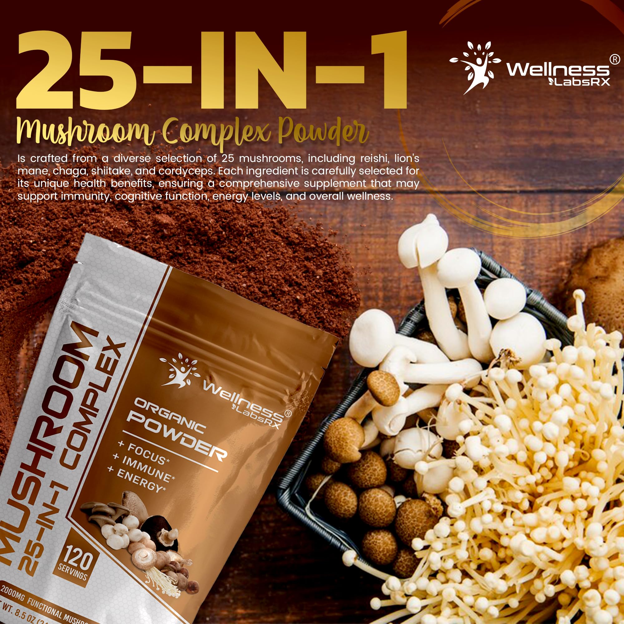 Wellness LabsRx mushroom powder label displays 2000mg per serving and ingredients