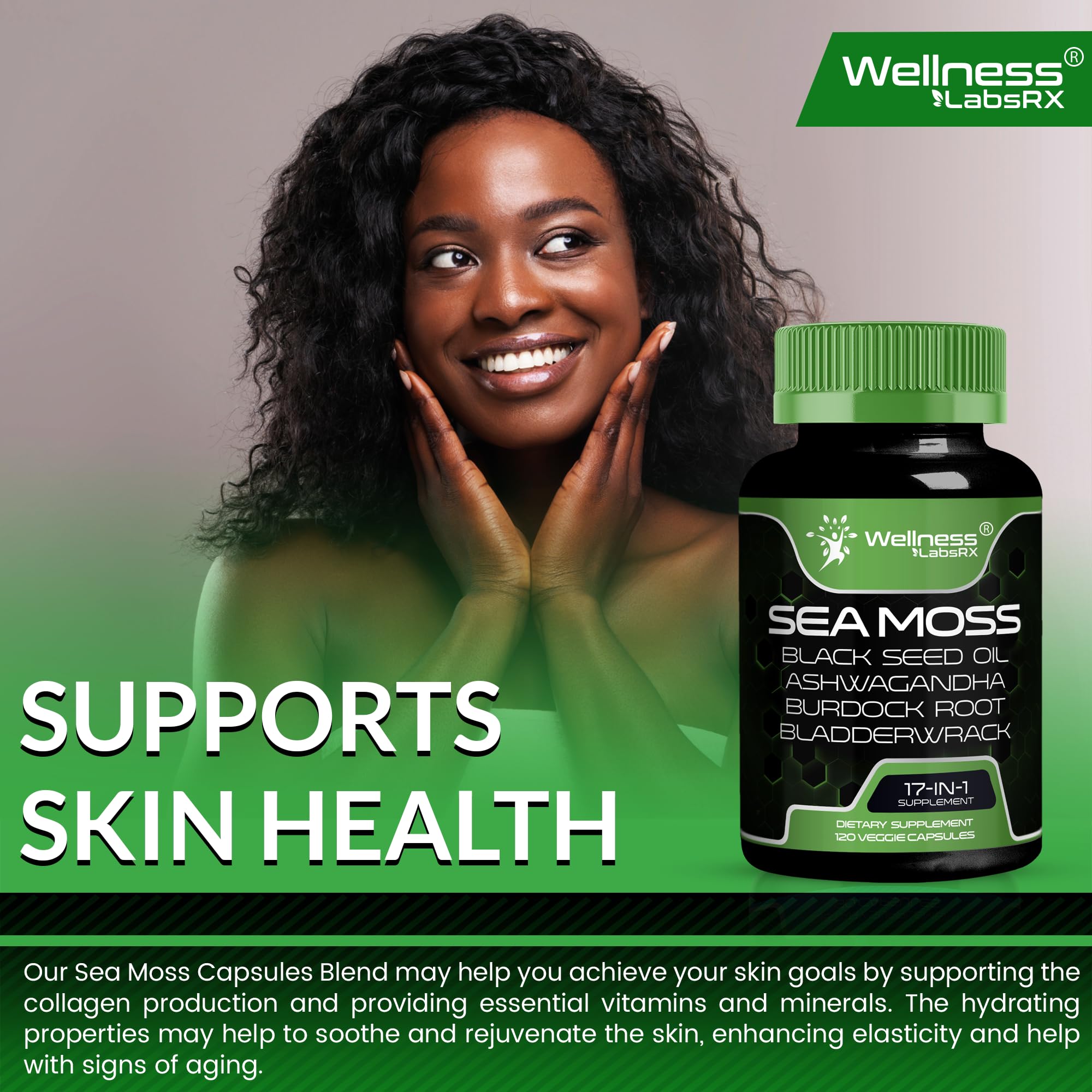 WELLNESS LABSRX natural energy via sea moss blend without caffeine jitters.