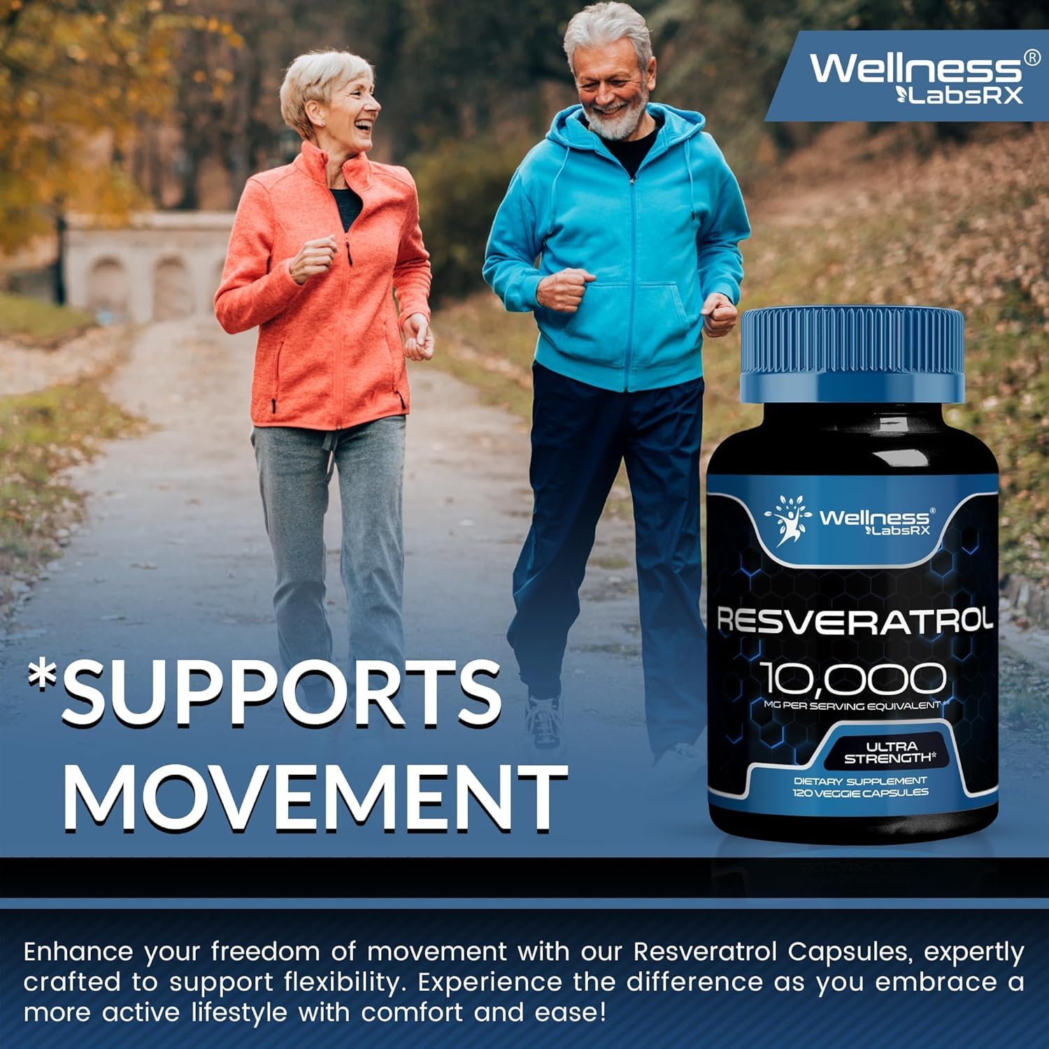Wellness LabsRx Resveratrol 1000mg bottle on counter for easy daily routine
