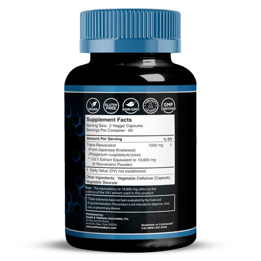 Wellness LabsRx Resveratrol 1000mg capsules close-up highlighting pure trans-resveratrol formulation