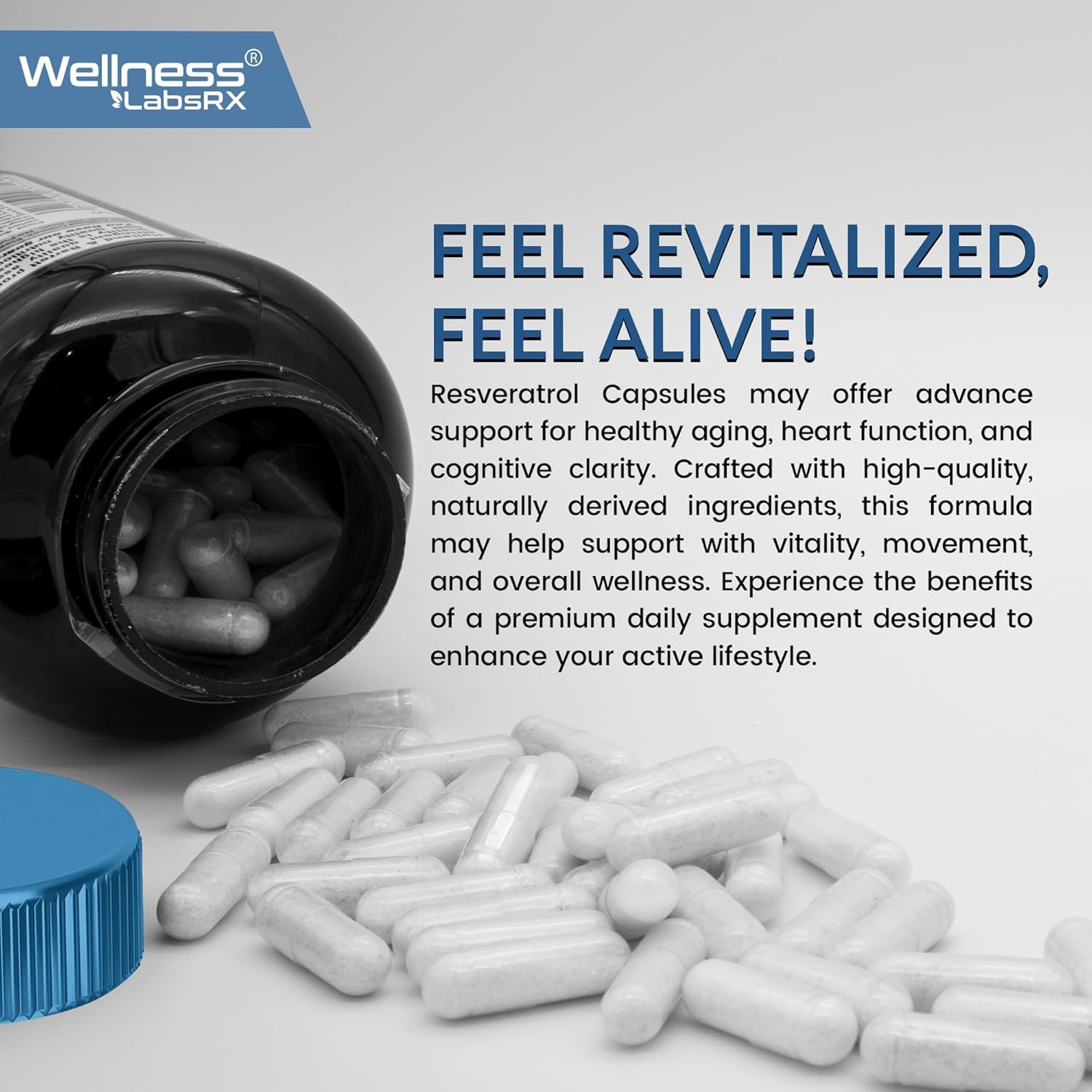 Wellness LabsRx Resveratrol 1000mg capsules stack suggesting compact daily capsules