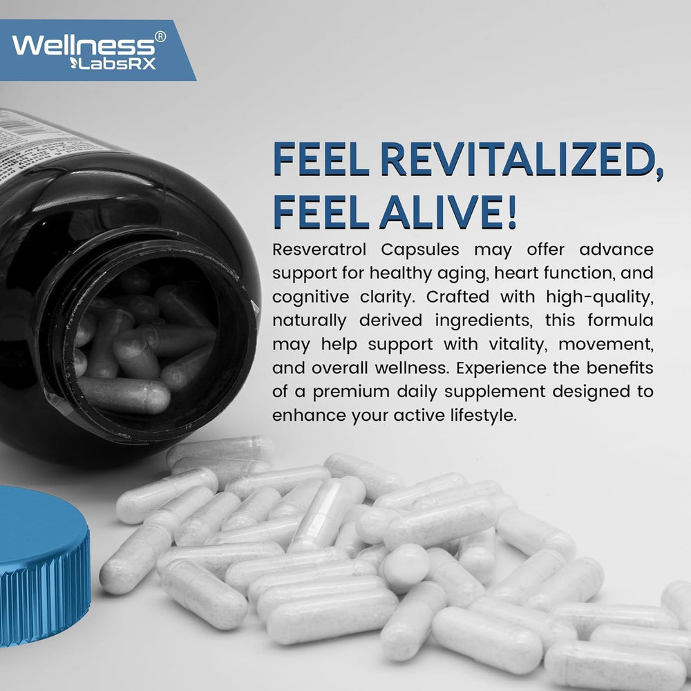 Wellness LabsRx Resveratrol 1000mg capsules stack suggesting compact daily capsules