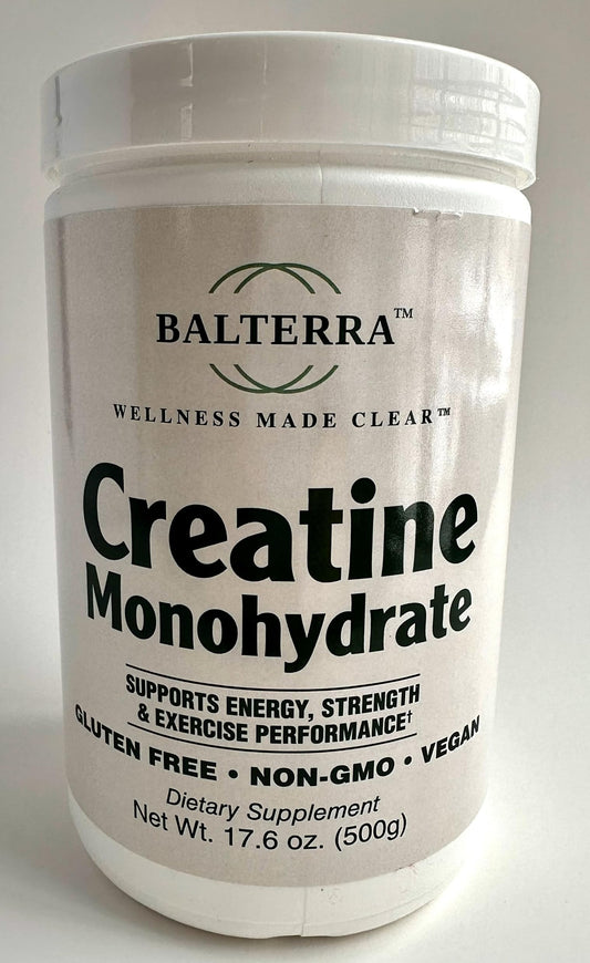 Wellness Made Clear Balterra creatine monohydrate jar with pure unflavored powder for easy mixing.